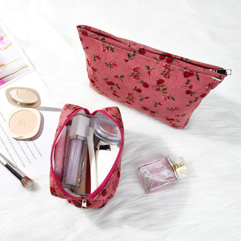 2 Pieces Red Rose Makeup Bag Large Cosmetic Bag Capacity Canvas Travel Toiletry Bag Organizer Cute Makeup Brushes Aesthetic Accessories Storage Ba...