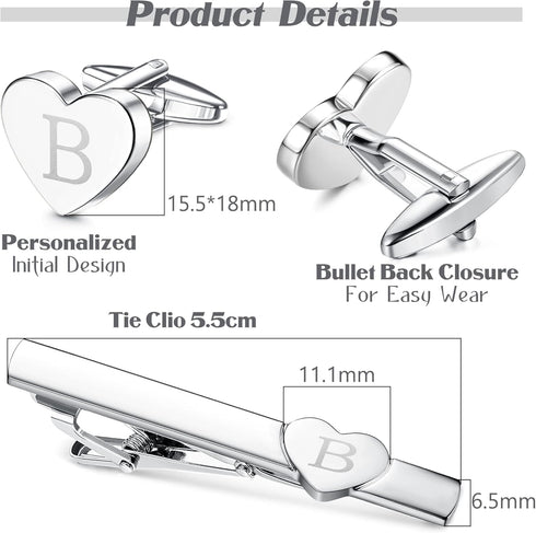 Sanfenly Cufflinks and Tie Clip for Men Set, Unique Heart Initial Cuff Links and Tie Bar Clip Personalized Alphabet Letter A-Z Cuff Links/Tie Clip...