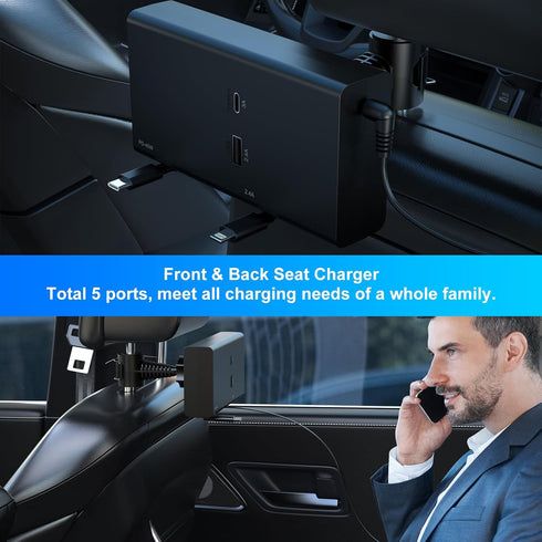 Multi Car Retractable Backseat Car Charger 5 in 1 Car Charging Station Box for iPhone/Samsung, 60W Cigarette Lighter Adapter Uber Taxi Lyft Turo S...