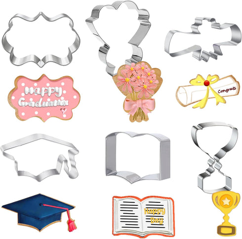 6 Pcs Graduation Cookie Cutter Set Graduation Cap Trophy Diploma Blessing Frame Book Bouquet Biscuit Mold Graduation Stainless Steel Cookie Cutter...