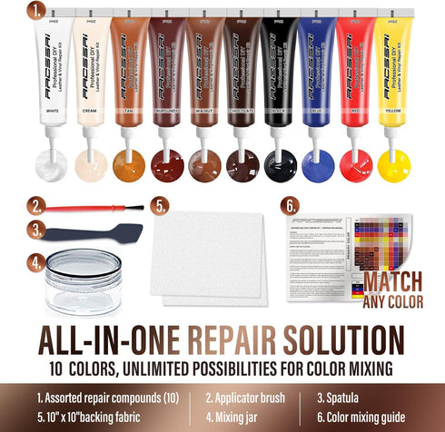 Leather Repair Kit for Furniture, Sofa, Jacket, Car Seats and Purse. Vinyl Repair Kit. Super Easy Instructions to Match Any Color, Restore Any Mat...