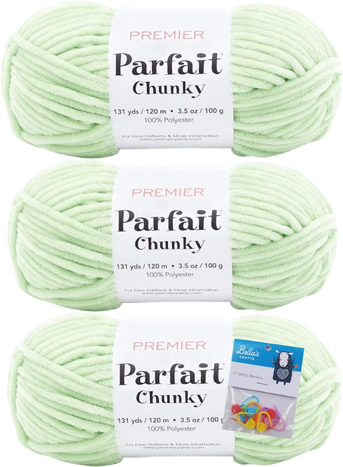 Premier Yarns Parfait Chunky - 3.5 Oz - #6 Super Bulky Weight - 3 Pack Bundle with 10 Bella's Crafts Stitch Markers (Key Lime)......