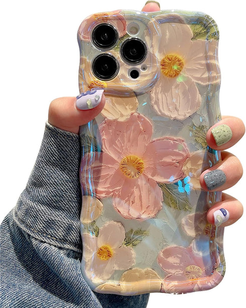Jusy Oil Painting Flower Compatible with iPhone 11 Pro Max Case, Colorful Retro Floral Cute Curly Wave Frame Women Girls Cover for Apple 11 Pro Ma...