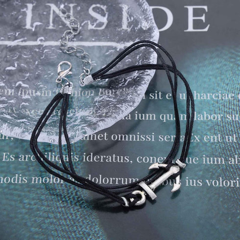 Boho Layered Leather Anchor Anklet Bracelet Black Leather Cord Ankle Bracelets Black Rope Anklets Black String Anklets Foot Chain Jewelry for Wome...