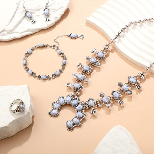 Henoyso 4 Pcs Bohemian Squash Blossom Turquoise Western Jewelry Set Vintage Metal Howlite Necklace Earrings Wrist Chain Ring for Women (White Turq...