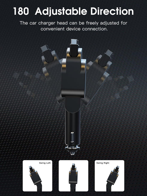 4-in-1 Retractable Car Charger - 96W Fast Car Phone Charger with Dual Retractable Cables (USB-C & iOS) and USB Ports, Compatible with iPhone 15/14...