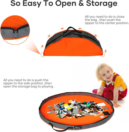 Toy Storage Basket Play Mat for Building Bricks & Blocks - Toy Storage Bags with Zipper - Easy Clean Up to keep the Kids Rooms neat & tidy - Orang...
