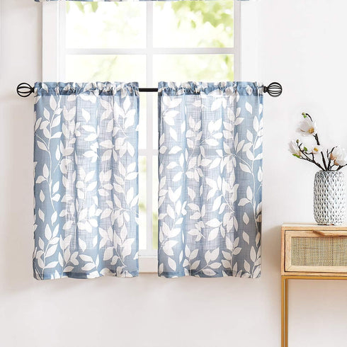 Treatmentex Blue Kitchen Tier Curtains 24" Short White Leaf Print Café Curtains for Small Windows 2 Panels...