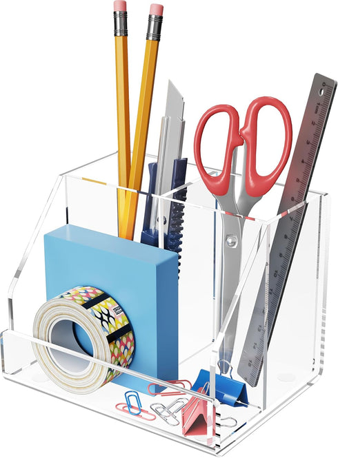 Pen Holder, Clear Pen And Pencil Holder for Desk, Acrylic Desk Organizer with 3 Compartments for Desk Accessories, Pencil Organizer for Home, Offi...