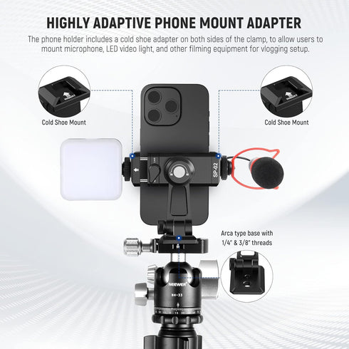 NEEWER Metal Phone Tripod Mount Adapter with Arca QR Base, Cold Shoe, 360° Swivel 180° Tilt, Phone Holder Compatible with iPhone 15 Pro Max Galaxy...