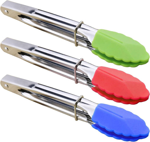 Mini Tongs with Silicone Tips 7-Inch Serving Tongs, Set of 3 (Green Red Blue)...