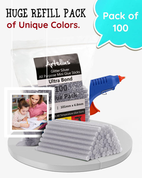 Artellius - Silver Glitter Hot Glue Sticks 4" x.27 (100 Bulk Pack) - Ultra Bond Hot Melt Adhesive Mini Glue Sticks for All temperature Glue Guns...