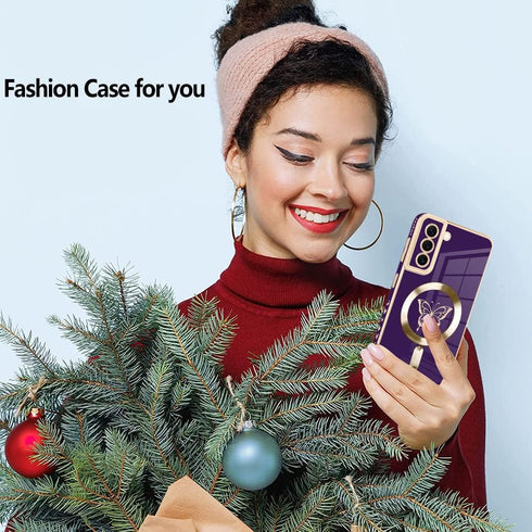 Fiyart Designed for Samsung S21 Compatible with Magnetic Wireless Charging,Cute Butterfly Phone Case with Camera Lens Protection for Women Girls M...