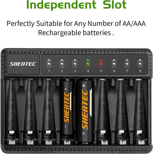 Shentec 4 Packs 2500mAh Rechargeable AA Batteries and 4 Packs 1000mAh Rechargeable AAA Batteries with Smart 8 BayAAA AA Battery Charger (USB Fast ...