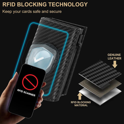 Smart Edge Wallet with Airtag Holder | Card Holder | Pop Up Wallet with Large Card Capacity | Safe Track Wallet with RFID Blocking | Slim, Carbon ...