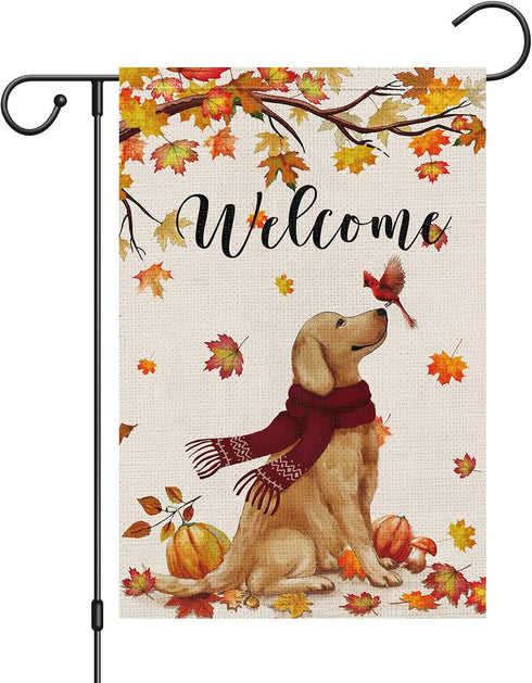Welcome Fall Garden Flag 12 x 18 Inch Double Sided Burlap, Golden Retriever Dog Cardinal Yard Flags for Seasonal Thanksgiving Farmhouse Decoration...