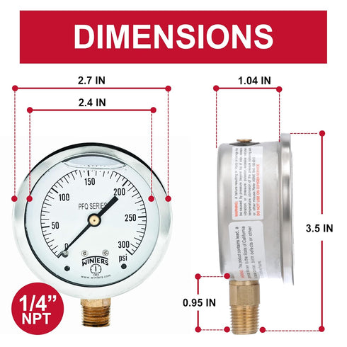 Winters 2-1/2" Dial Size, Liquid Filled Industrial Pressure Gauge, Brass Internals, 304 Stainless Steel Case, Single Scale 0-300 psi, 1.5% Acc, 1/...