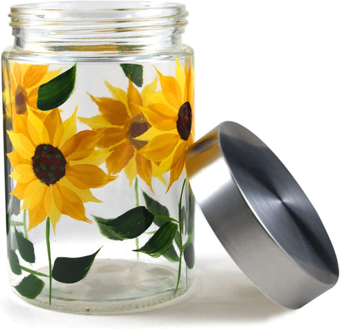 Grant Howard Sunflower Hand Painted Glass Storage Jar, 42 oz, Multicolor...