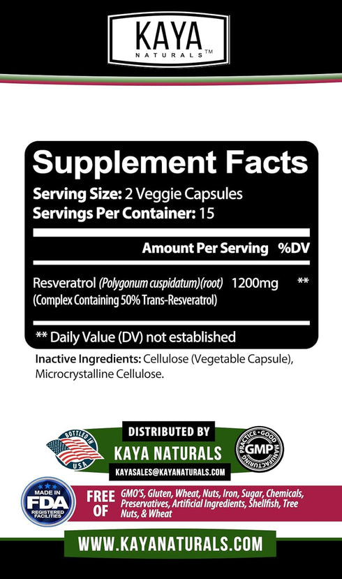 Kaya Naturals - Resveratrol Capsules - Anti Aging Supplement - Antioxidants with Brain Support - Maximum Benefits - 30 Veggies Capsules...
