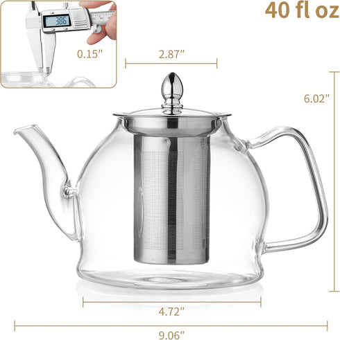 Glass Tea Pot with Infuser for Loose Tea, Heat Resistance Borosilicate Glass Tea Kettle for Gas Stovetop, Suit for Blooming and Loose Leaf Tea, 40...