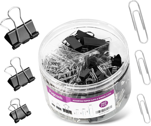 Binder Clips Paper Clips, 360 Pcs Binders & Paperclips Assorted Sizes with Container, Silver Paper Clips & Black Binder Clips Office Supplies, Pap...