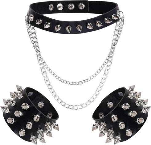 3Pcs Leather Spike Choker Studded Bracelet Cuffs Set Black Gothic Jewelry Rivet Collar Wristbands Puck Accessories for Men Women 80s Rock Goth Cos...