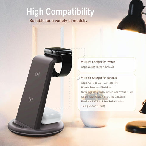 3 in 1 Wireless Charger for iPhone, Fast Charger Stand Dock for Multiple Devices, Wireless Charging Station for iPhone 15/14/13/12/SE/X/XR/XS, iWa...
