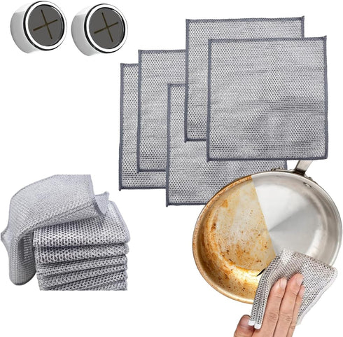 5 pcs Premium Metal Wire Dishwashing Cloth Scrubs Double-Layer + 2pcs Kitchen Towel Holder - scrubbing Cloths for pots and Pans - Non Scratch Wire...