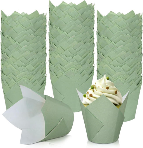 Whaline 200Pcs Sage Green Tulip Cupcake Liners Green Muffin Baking Liners Tulip Cupcake Wrappers Baking Cup for Bridal Baby Shower Wedding Birthda...