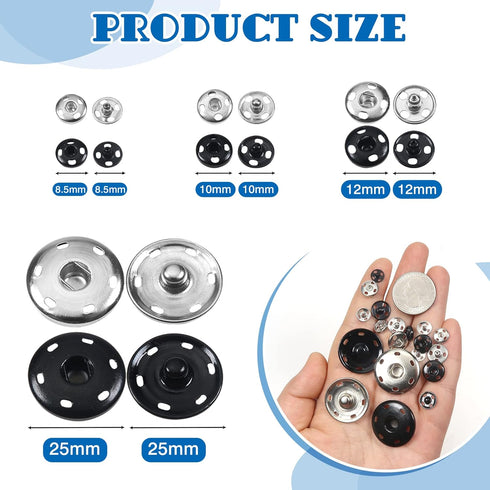 TOAOB 100 Sets Sew on Snap Buttons Brass Snaps Fasteners Press Studs Snap Kit for Sewing Clothing 8.5mm 10mm 12mm 25mm Black and Silver...