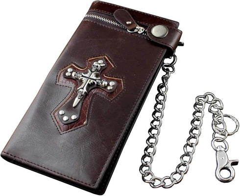 Mens Boys Skull Gothic Cross Zipper Checkboot Long Leather Biker Wallet With Chain...