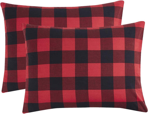 Wake In Cloud - Plaid Pillow Cases, 100% Washed Cotton, Buffalo Check Gingham Checkered Farmhouse, Set of 2 Pillowcases Pillow Shams Covers, Red B...