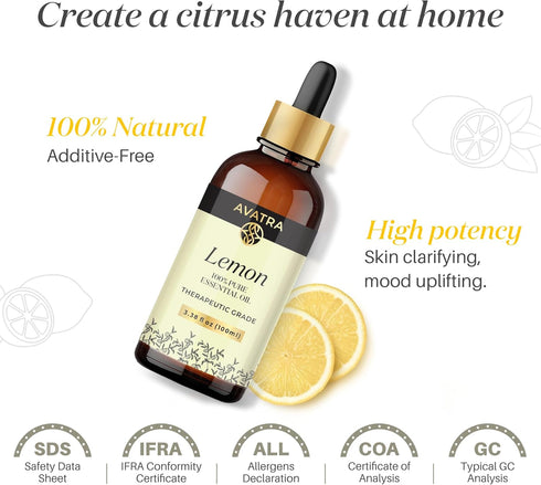 Avatra Lemon Essential Oil for Skin & Aromatherapy | Natural & Undiluted Essential Oil for Diffuser, Household Cleaning | Therapeutic Grade Essent...