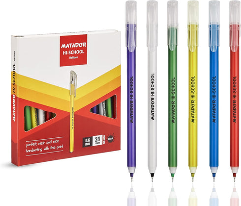 Matador HI-SCHOOL Ballpen, Fine-Point (0.6 mm), Black Ink, 6 different Colorful Bodies, Round Barrel Design, Smooth & Instant Writing, 24 Counts...
