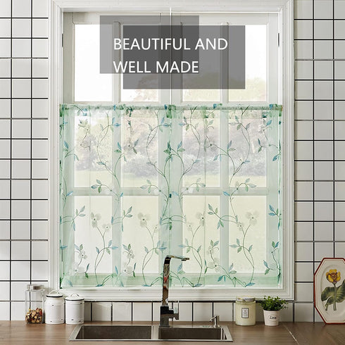 MRTREES Sheer Tier Curtains Rod Pocket, Short Voile Cafe Curtains, Floral Embroidered Kitchen Tiers Small Half Window Treatment for Basement/Bathr...