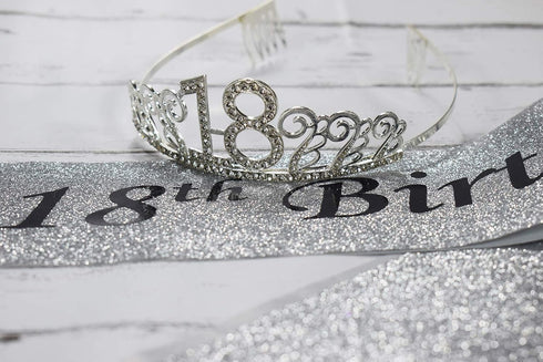 18th Silver Birthday Tiara and Sash Glitter Satin Sash and Crystal Rhinestone Tiara Crown for Happy 18th Birthday Party Supplies Favors Decoration...