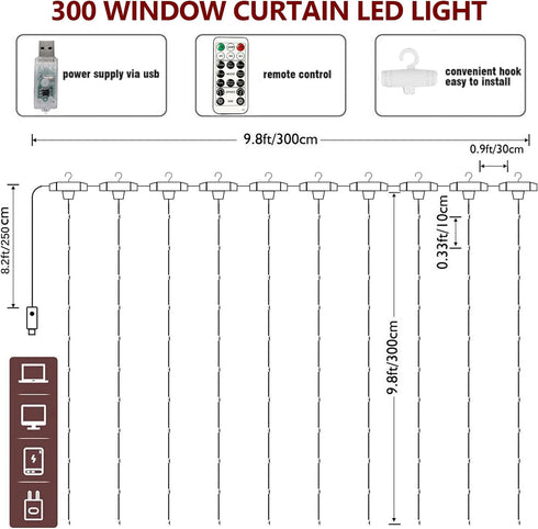 HOME LIGHTING Window Curtain String Lights, 300 LED 8 Lighting Modes Fairy Copper Light with Remote, USB Powered Waterproof for Christmas Bedroom ...