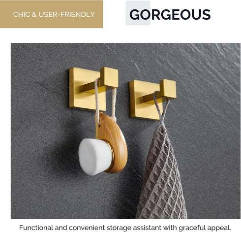 Angle Simple Towel Hook Brushed Gold 2 Pack, 304 Stainless Steel Square Robe Hook for Bathroom...