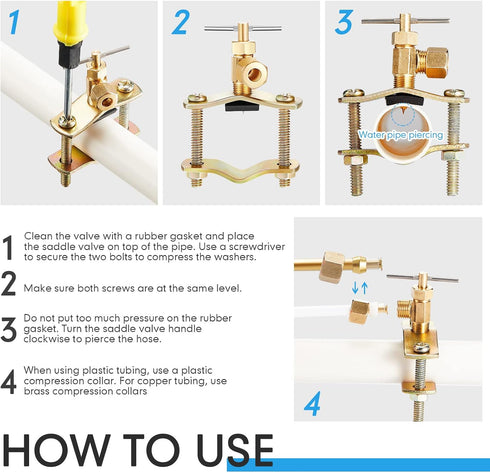 2 Pcs Brass Self Piercing Saddle Valve Copper Self Tapping Valve with 1/4 Inch Compression Outlet for 3/8 to 1-5/16 Inch Water Pipe Supply...