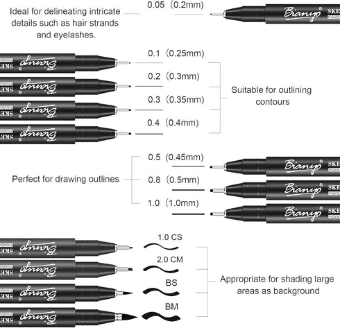 Bianyo Black Art Pen Set - 12 Assorted Sizes Fine Line Drawing, Upgraded Pigment Ink, Water-Resistant Archival Pens for Artists, Crafters, and Jou...