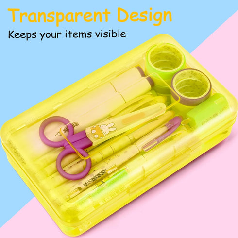 Sooez 1 Pack Clear Pencil Box, Plastic Hard Pencil Case with Stickers, Large Crayon Box with Snap-tight Lid, Stackable Storage Box Art Craft Marke...