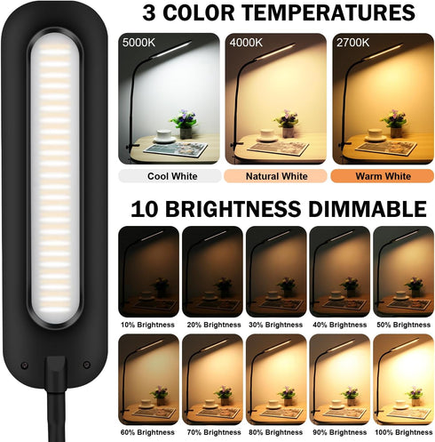 LED Desk lamps with Clamp for Home Office,High Brightness,3 Color Temperatures and Dimmable Clip On Desk Light,Flexible Gooseneck Desk Lamp with U...