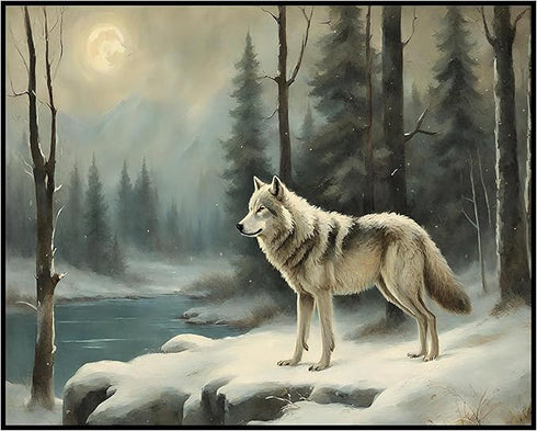 Posterizer 1 pcs-gray wolf in snowy wintery nature-oil painting style -4-Art for Animal Lovers-Landscape & Nature Art-Decor for Home & Office- unf...