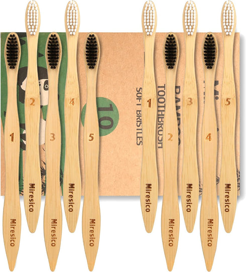 Bamboo Toothbrushes (10 Pack), BPA Free Toothbrush Medium with Firm Bristles, Eco-Friendly, Natural Biodegradable & Compostable Charcoal Wooden To...