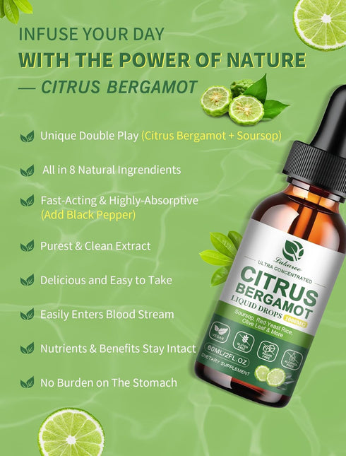 Citrus Bergamot Liquid Drops 1000mg - Natural Supplement with Soursop, Red Yeast Rice, Garlic, Olive Leaf, Black Pepper - High Absorption - Suppor...
