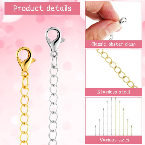 Hicarer 30 Pieces Stainless Steel Necklace Extender Chain Set Bracelet Anklet Chain for Necklaces Extender for Jewelry Making Extensions, 2.5, 3, ...