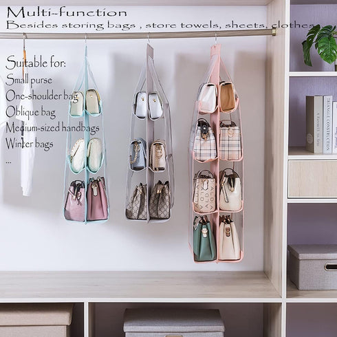 MURRI&MURRDI 1 Pack Hanging Handbag Organizer for Closet, Purse Storage Holder with 8 Easy Access Clear PVC Pockets, Purse Hanger for Wardrobe Spa...