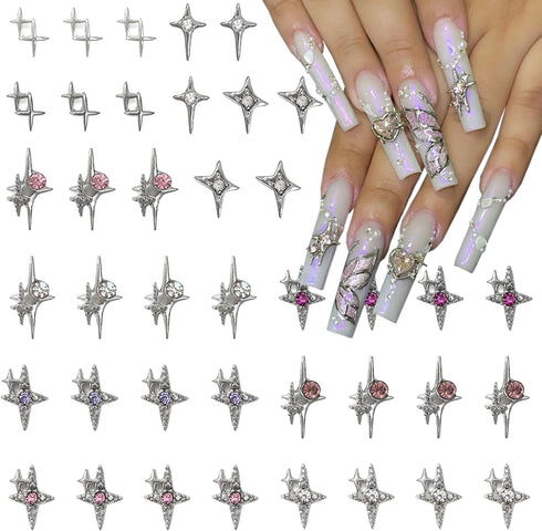 45Pcs Silver Star Nail Charms for Nail Art 3D Alloy Crystal Stars Nail Rhinestones Shiny Starlight Nail Art Charms Gems Colorful Star Nail Jewels ...