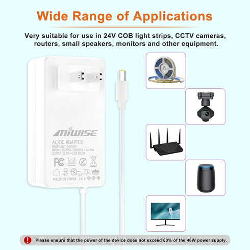 Power Supply Adapter DC24 2A 48W AC to DC Converter Transformer 100-240V AC Input,forfor COB LED Strip, CCTV Camera,White,2.1mm X 5.5mm US Plug...