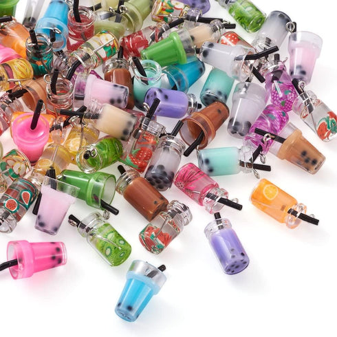 Cheriswelry 100pcs Glass Bottle Pendants Resin Fruit Juice Charms Colourful Drink Cup Milk Tea Dangle Pendants with Loop Hang Ornament Decoration ...